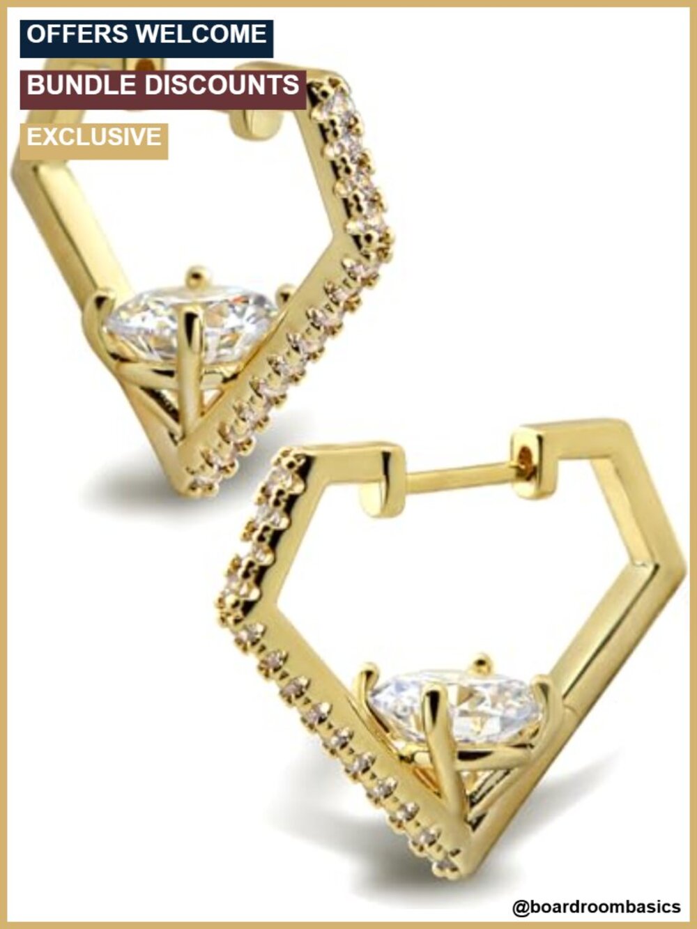 Diamond Shaped Huggie Hoop Earrings 14K Gold Plated Cubic Zirconia Cuff